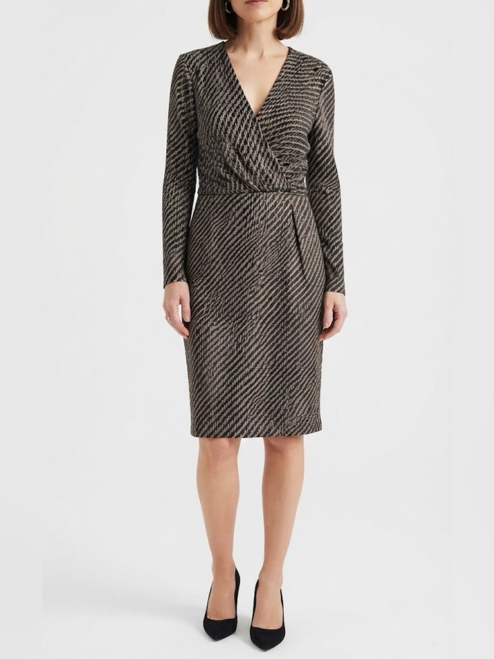H by Halston Black & Gold Long Sleeve Midi Dress Sz Med